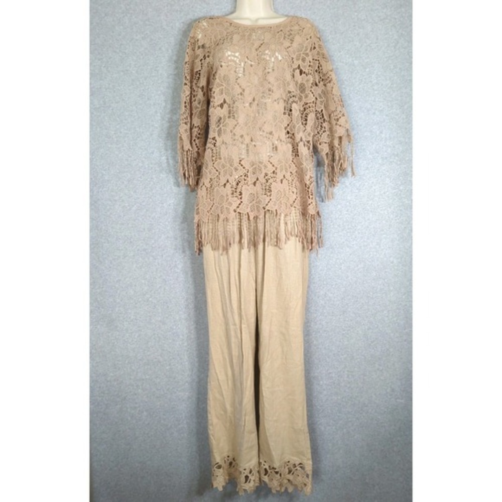 Denim 24/7 Women's 14W Tan Pull On Linen Pants Crochet Top Boho Hippie Lagenlook